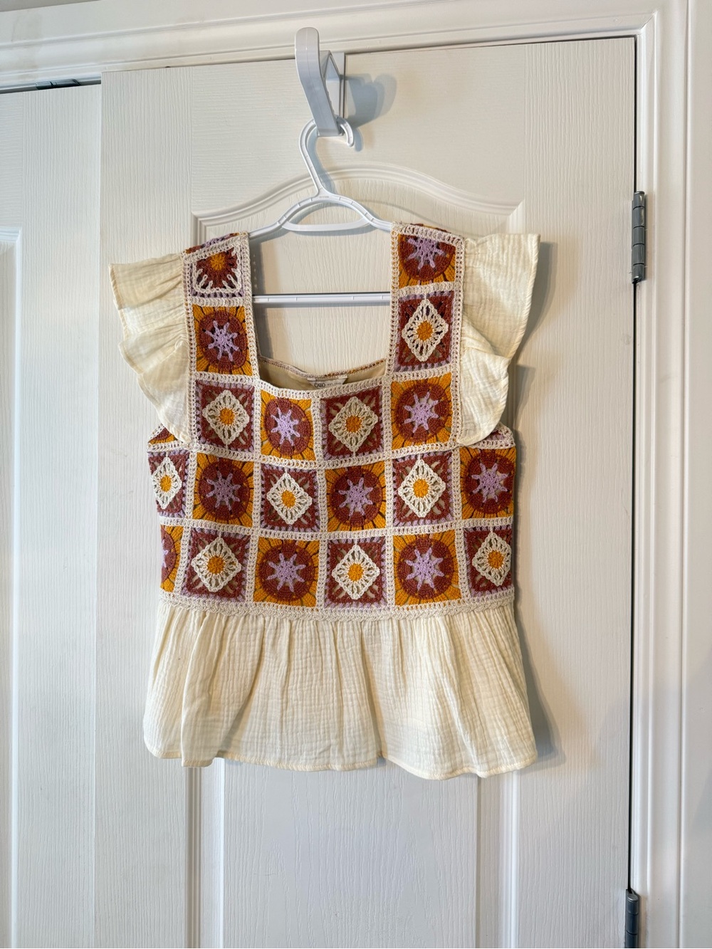 Cream Cato Crochet Square-Panel Flutter Sleeve Peplum Top